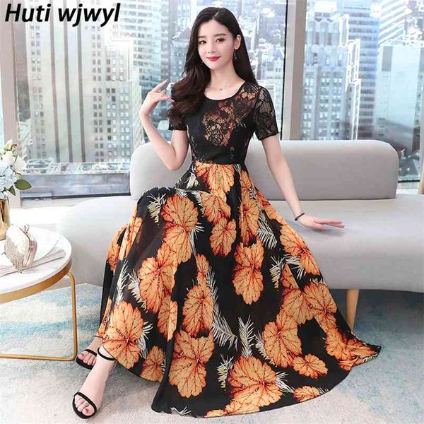 

spring summer chiffon beach midi sundress plus size vintage print runway lace maxi dress women bodycon party vestidos 210528, Black;gray