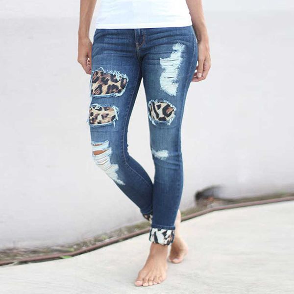 

jeans shiying summer 2021 leopard print with holes in women's nine point, Blue