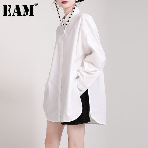 

[eam] women big size white side slit blouse lapel long sleeve loose fit shirt fashion spring autumn 1dd7222 21512