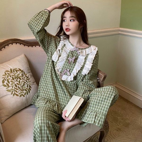 

women's sleepwear korean lace loose women pajamas autumn winter cotton sweet ladies sleepwear pyjama set plaid long sleeve trouser, Black;red