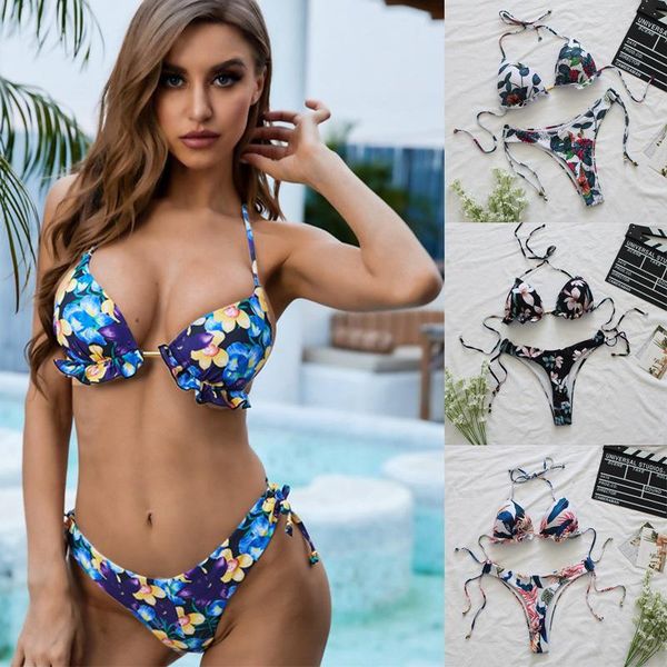 

women's swimwear 2021 swimsuit beach split leaf print bandage ruffled bikini women, White;black