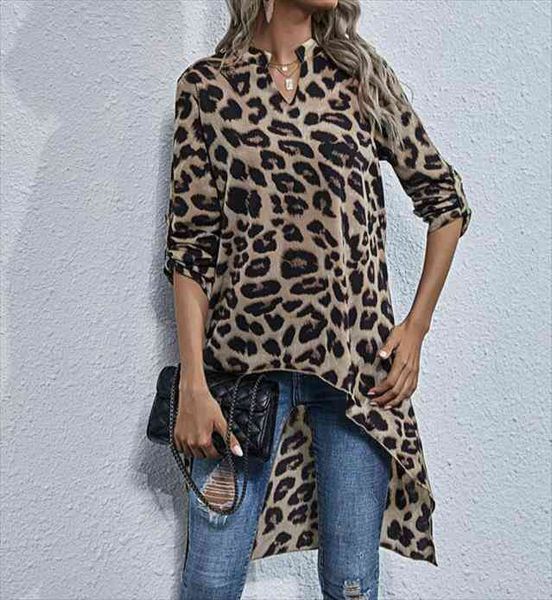 

leopard irregular short front womens shirt long back v neck sleeve fashion ladies loose shirts autumn spring, White