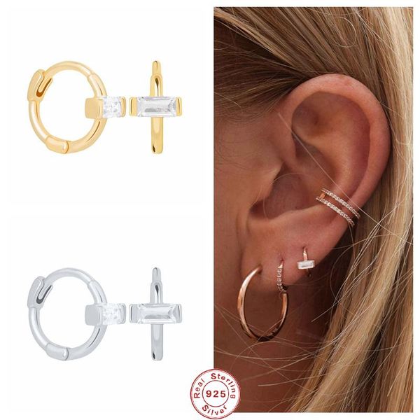 

sterling silver small rectangle zircon cz hoop earring mini circle piercing ear bone earlobe buckle for women & huggie, Golden;silver