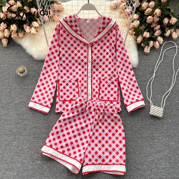 

women's tracksuits syiwidii plaid two piece women shorts set summer 2021 sailor collar long sleeve button up blouses and elastic waist, Gray