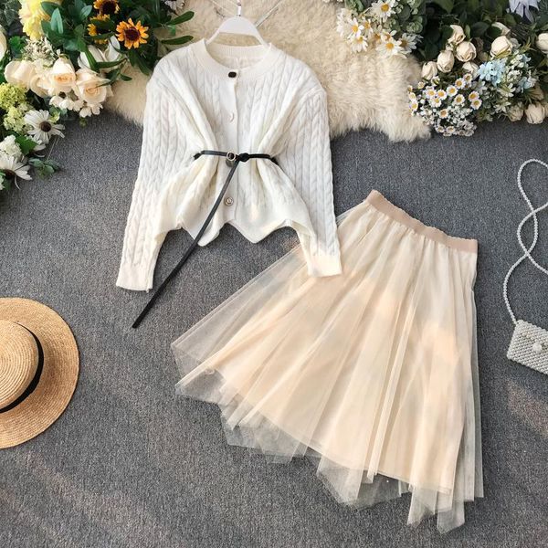 

two piece dress ftlzz autumn knitted sweater coat pieces suit women mesh mini skirt + long sleeve knittin vestidos set, White