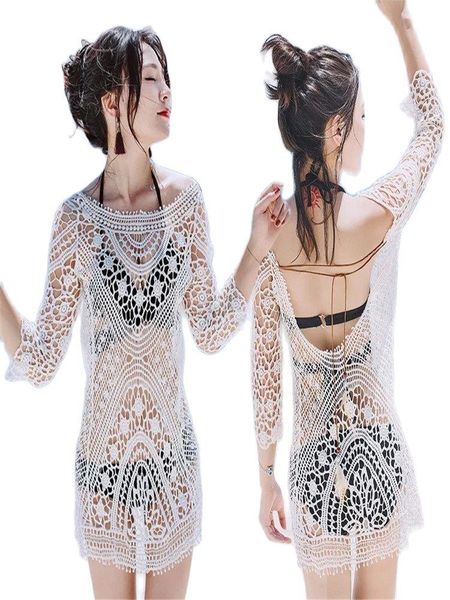 

women's swimwear women hollow tunic beach dress 2021 summer bathing suit beachwear white crochet bikini cover up with fringe trim, White;black
