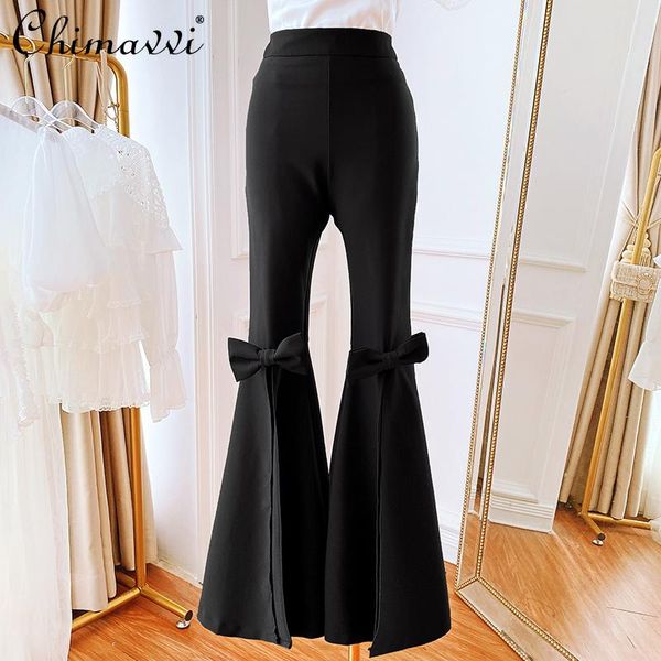 

women's pants & capris retro fashion high waist casual trousers for women 2021 summer bow slit flared thin feminine draped, Black;white