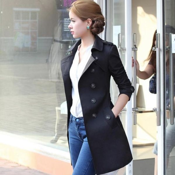 

women's trench coats lace-up slim double breasted women windbreaker fashion comfortable spring street jacket plus size autumn thin coat, Tan;black