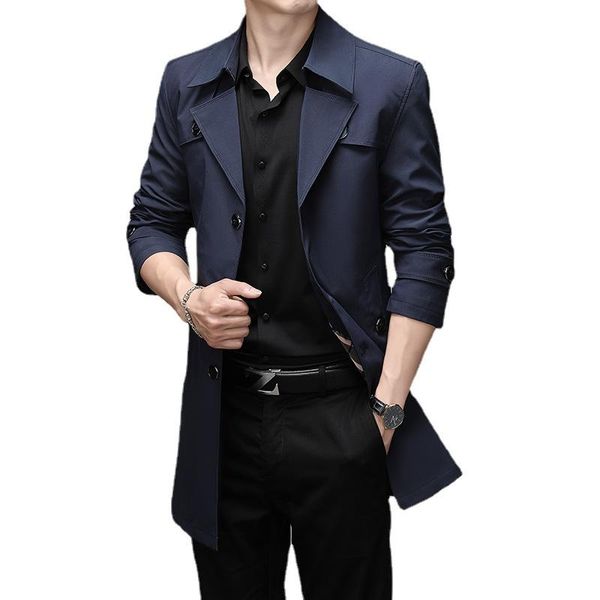 

men's trench coats 2021 long coat single-brewed buttons mid-length male fashion outerwear jacket windbreaker suit collar plus size, Tan;black