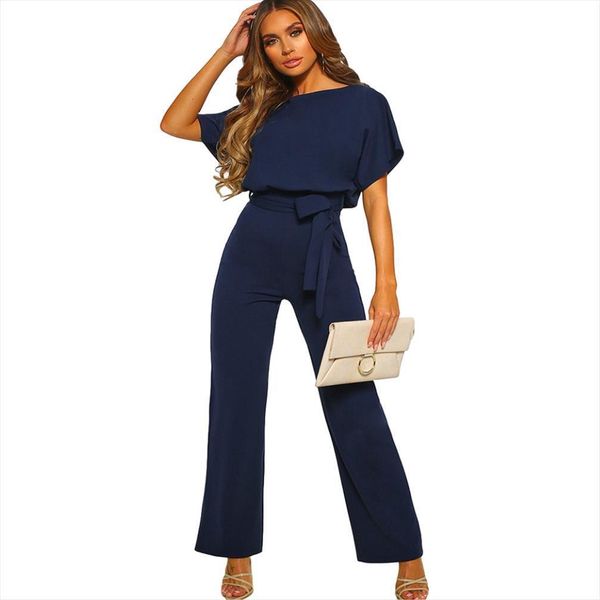 

summer casual short sleeve solid womens jumpsuits color playsuit round neck high waist elegant lace up romper, Black;white