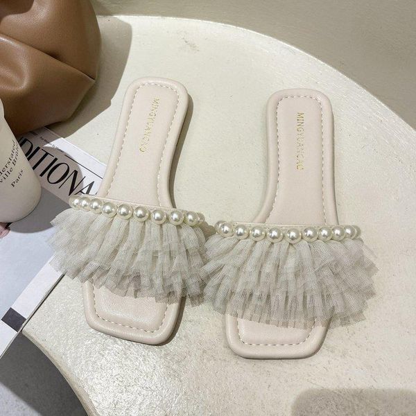 

summer women's slippers fashion all-match net gauze upper folds embellished sweet and elegant, Black