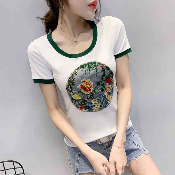 

women's t-shirt summer korean clothes t-shirt fashion embroidery peacock diamonds cotton women ropa mujer short sleeve t, White