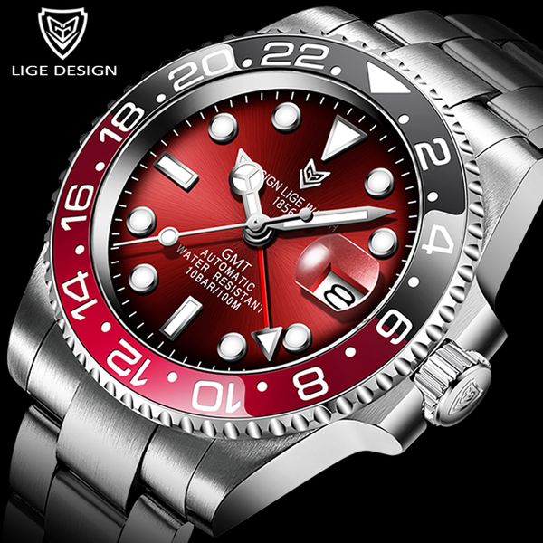 

lige design men gmt automatic mechanical watch ceramic bezel 316l stainless steel 100atm waterproof clock sapphire glass watches, Silver