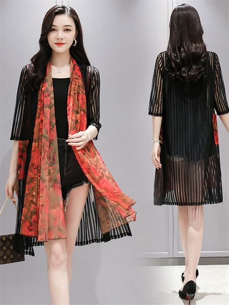 

tracksuits cachecol collared chiffon sunscreen cardigan long coat will see fine section female shawl fashion crochet shreds lady r298 m31i, Gray