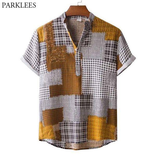 

fashion henley neck hawaiian shirt men summer short sleeve patchwork beach holiday vacation clothing chemise homme 210522, White;black
