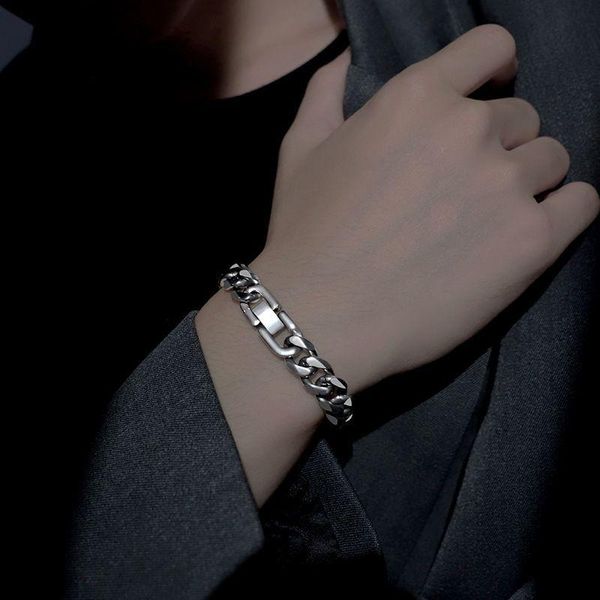 

link, chain bracelet for men titanium steel hip hop trend cuban men's retro personality wide version simple cool style snap, Black