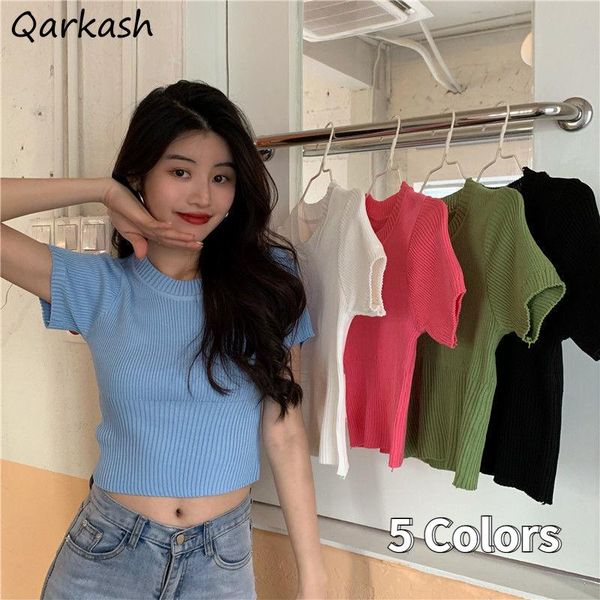

women's t-shirt women summer short sleeve t-shirts knitted crop leisure elegant slender chic korean style various colors ulzzang simple, White