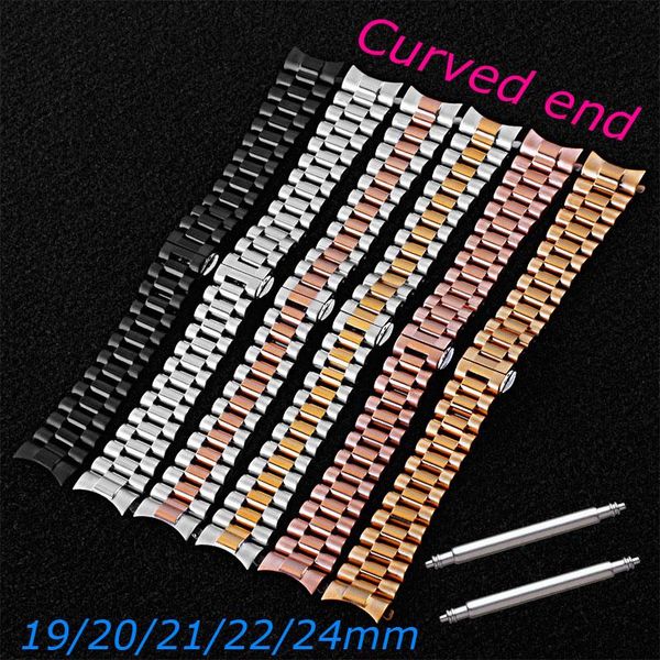 

watch bands curved end band 19mm 20mm 21mm 22mm 24mm straps stainless steel diving 3 lines butterfly buckle belt, Black;brown
