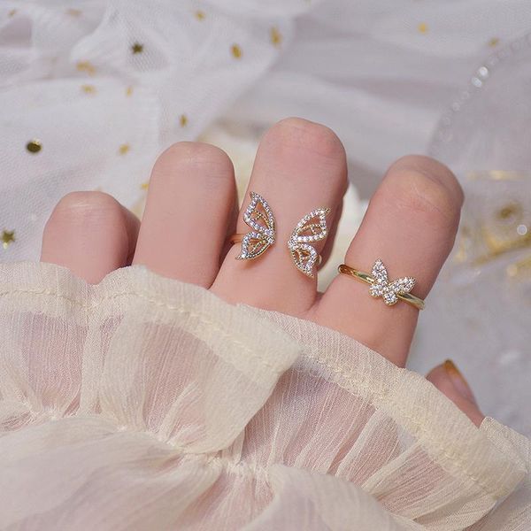 Anelli a grappolo Farfalla di alta qualità per gioielli da donna Creatività di lusso Designer Oro reale 14 carati Cubic Zirconia Apertura regolabile