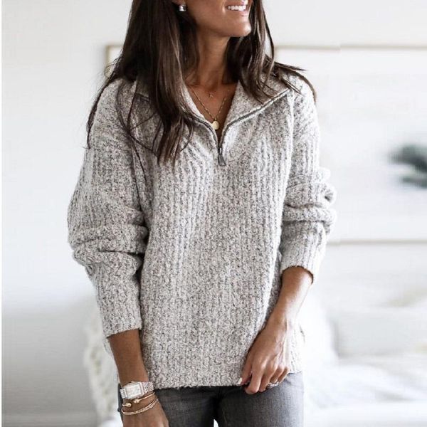 

women's sweaters zipper turn down collar women pullovers 2021 casual autumn winter clothing solid color long sleeve sweater fashion, White;black