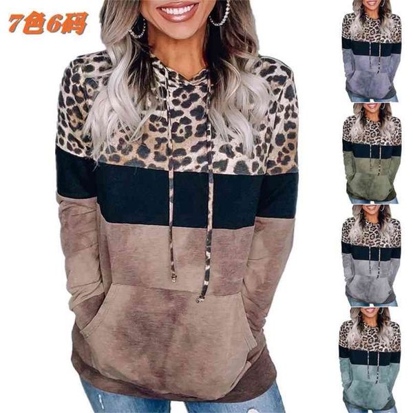

hoodies women sweatshirt sudaderas vintage autumn leopard print loose hooded long-sleeved clothes drop ldm200818 210803, Black