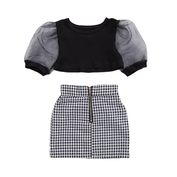 

toddler baby girl clothes puff short sleeve black crop +plaid zipper a-line skirt summer 2pcs 1-6y girls outfits clothing sets, White