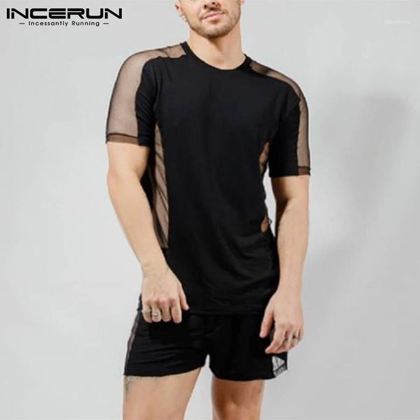 

men's sleepwear incerun men pajamas sets mesh patchwork see through homewear short sleeve t shirt & shorts cozy 2021 nightwear suits s-, Black;brown