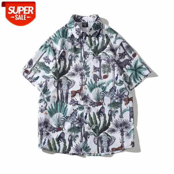

weiyi forest animal print short-sleeved men's retro flower shirt street ruffian handsome beach #zr9m, White;black