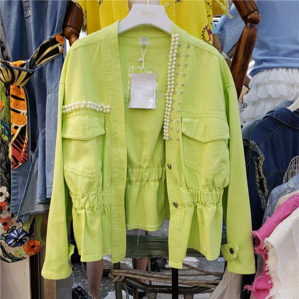 

women's jackets [ewq] 2021 summer casual women shirring beading single breasted loose cotton vacation denim jacket white cardigan coat, Black;brown