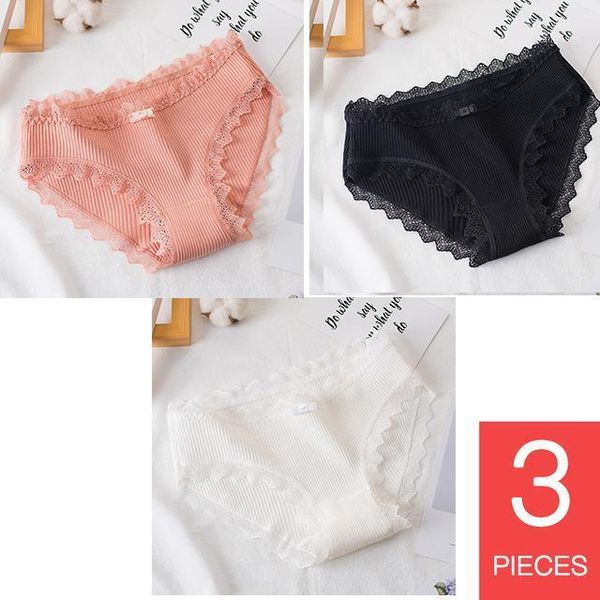 

women's panties elovegirl 3pcs underwear women cotton crotch lingerie intimates female lace edge breathable briefs, Black;pink