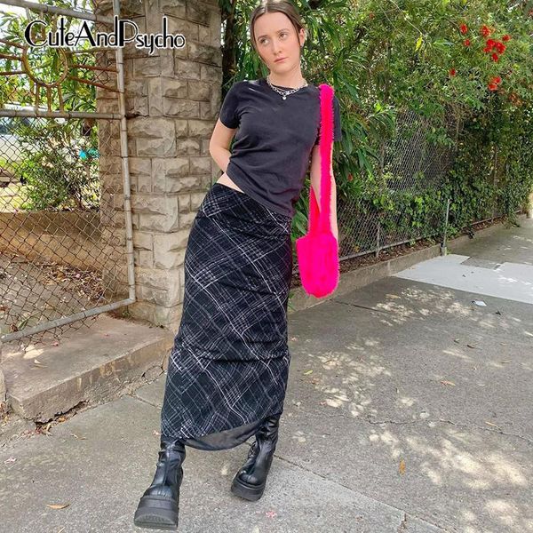 

plaid printed harajuku y2k long skirts women vintage aesthetic kawaii 2000s skirt fashion korean straight 90s cuteandpscho, Black