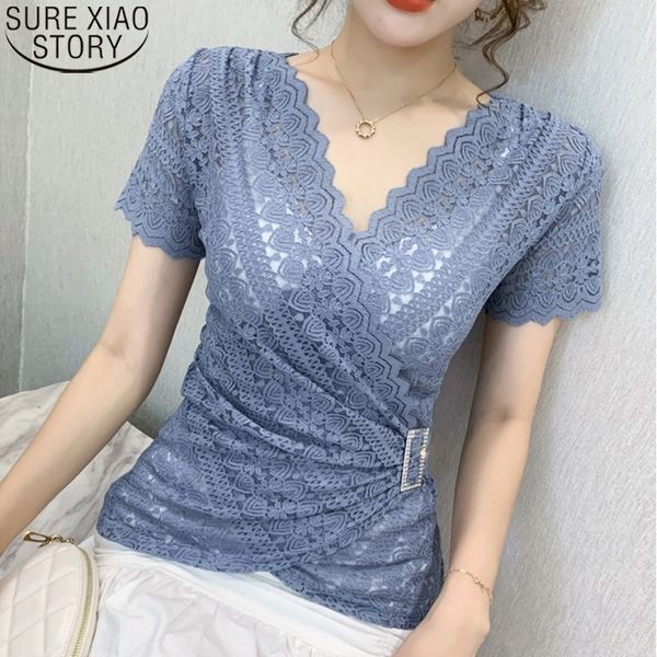 

women lace 2021 summer short sleeve blouse v-neck hollow out shirt fashion lace blouses plus size blusas mujer 13154 210317, White