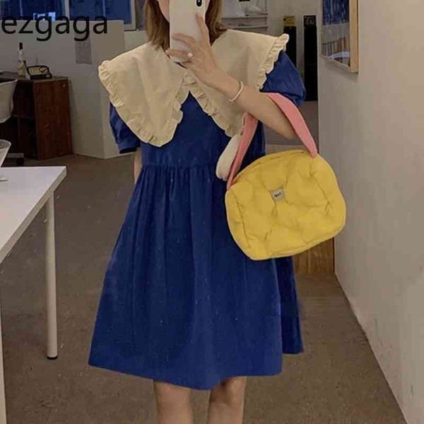 

ezgaga summer new contrast mini dress women short sleeve peter pan collar high waist loose sweet korean fashion vestidos 210430, Black;gray