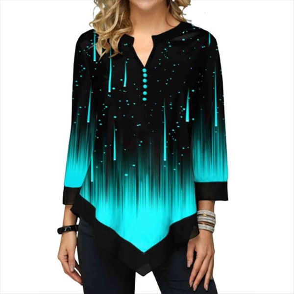 

gradient 3d print oversize loose womens shirt three quarter casual v neck button plus size 5xl autumn female, White