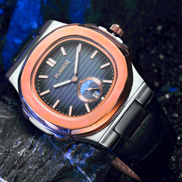 

wristwatches pladen blue r phase luminous watch men calendar original casual sapphire glass luxury classical leather appointment montre, Slivery;brown