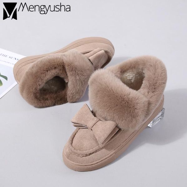 

boots pregnant large size moccasins outdoor suede leather booties winter bowtied plush fur snow women 43 platform creepers shoes, Black