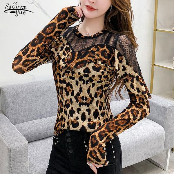 

spring fashion leopard lace stitching crewneck women blouse long sleeve streetwear pullover shirts blusas 8409 50 women's blouses &, White