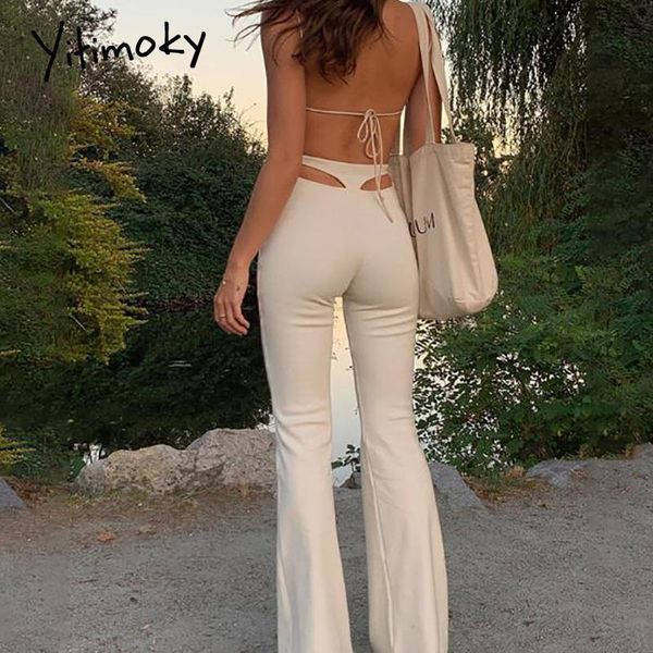 

women's pants & capris yitimoky casual women back hollow out streetwear summer 2021 flare wide leg high waist white trousers, Black;white