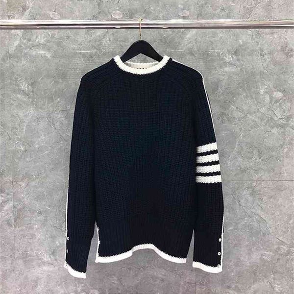 

tees fashion tb thom brand sweaters men slim o-neck pullovers clothing striped wool cotton thick winter casual coat, White