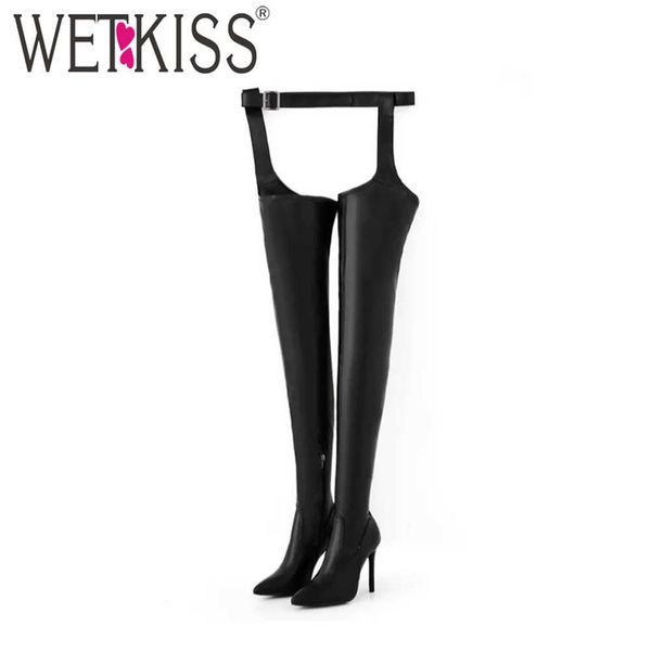 

wetkiss ladies belt boots women thigh high boots with belt stiletto pointed toe over knee boot pant bar thin high heel shoe 210630, Black