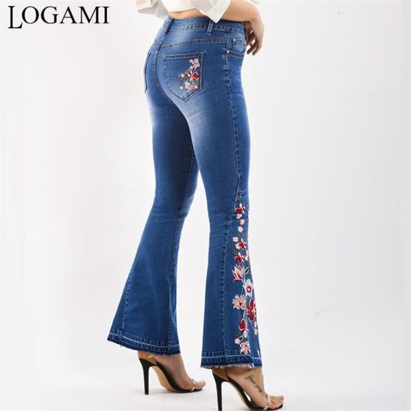 

logami embroidery jeans woman skinny flare pants denim ladies casual 210924, Blue