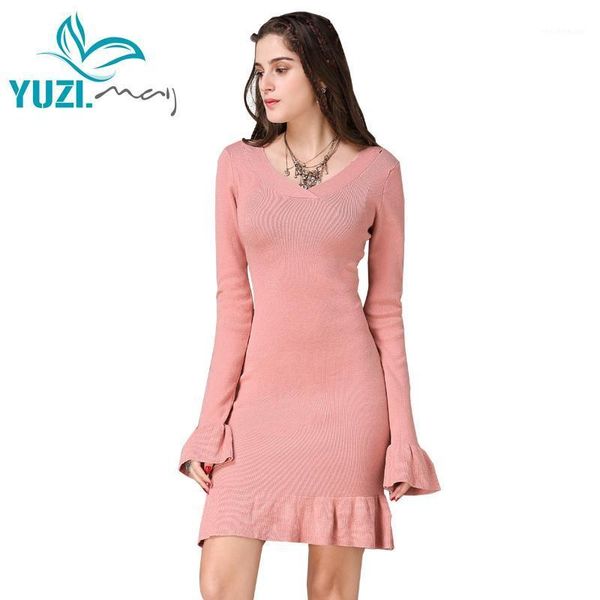 

casual dresses dress for women 2021 yuzi.may boho cotton wool vestidos butterfly sleeve v-neck ruffles hem knitting a82059, Black;gray
