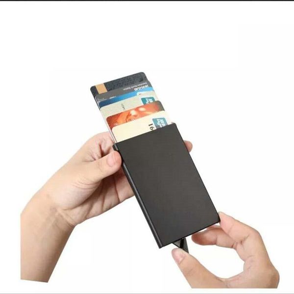 

card holders automatic anti-theft id holder porte carte thin aluminium metal wallets pocket case bank women men box, Brown;gray
