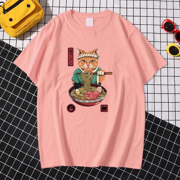 

men's t-shirts japan ukiyo e style eat noodle cat print men tshirts creativity quality t shirt vogue soft street crewneck man clothes, White;black