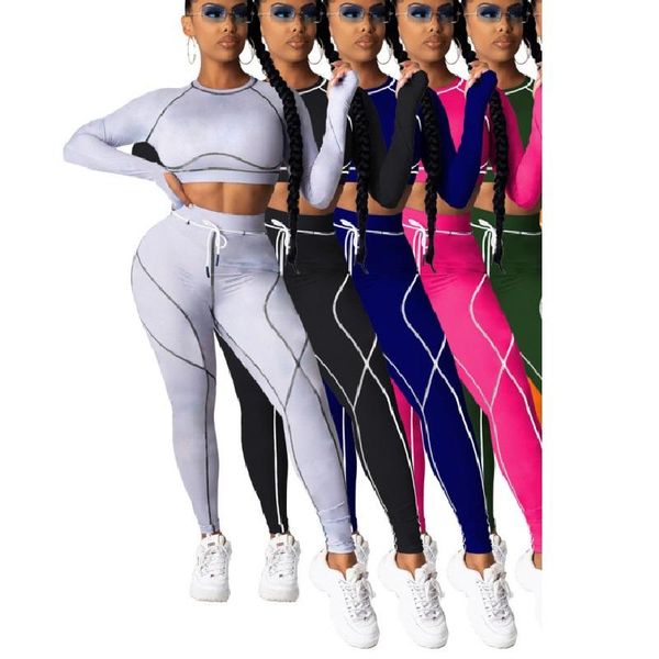 

women's tracksuits 2021 fitness suit womens sport 2 piece set long sleeve o neck crop elastic high waist pants trousers, Gray