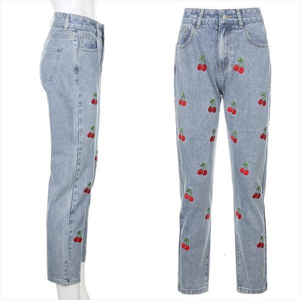 

high waisted pencil jeans cute womens shorts cherry embroidered denim straight long pants harajuku slim trousers button zipper casual st, White;black