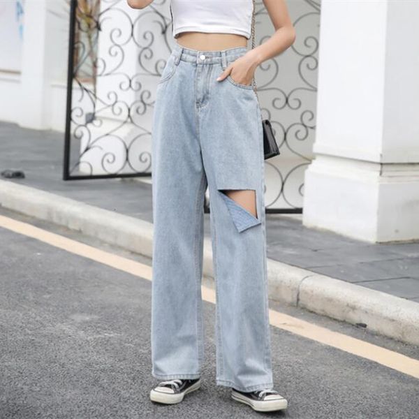 

women's jeans woman ripped high waist clothes wide leg denim clothing streetwear vintage quality 2021 fashion harajuku straight pa 3sec, Blue