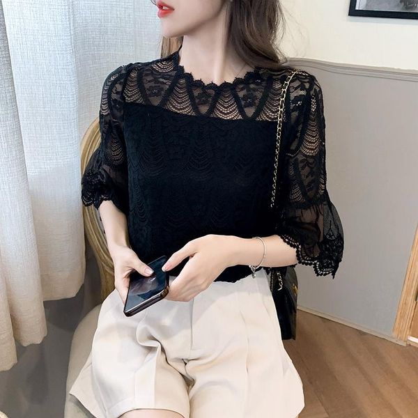 

women's blouses & shirts blouse lace shirt office lady solid summer slim fashion casual blusas net yarn hollow houthion, White