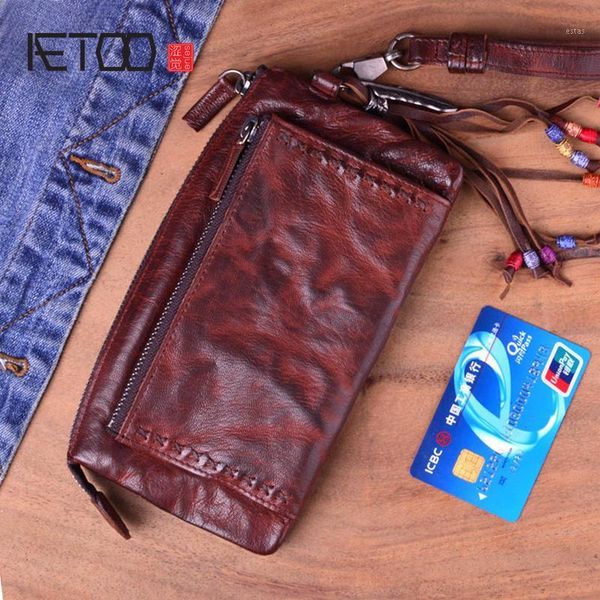 

wallets aetoo genuine leather men wallet vintage men's long zipper vegetable tanned cowhide clutch bag card holder male1, Red;black