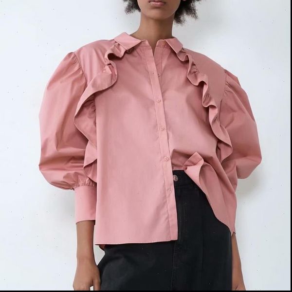 

women ruffle shirt spring fashion long sleeve soft poplin pink modern lady loose blouse, White